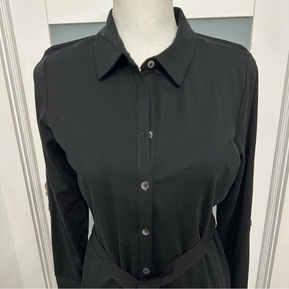 L.L.Bean Button Front Knit Belted Dress Black Size Medium Petite Career Wear NWT - Picture 3 of 9